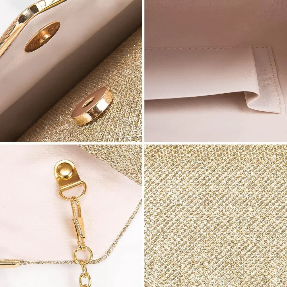 Women's Champagne Gold Sparkling Envelope Bag With Detachable Chain Clutch Purse